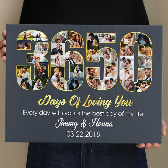 10th Wedding Anniversary 3650 Days Of Loving You Custom Photo Collage And Text Navy Background Canvas