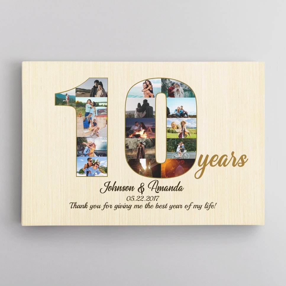 10th Wedding Anniversary Custom Photo Collage Light Wood Background Canvas