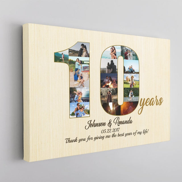 10th Wedding Anniversary Custom Photo Collage Light Wood Background Canvas