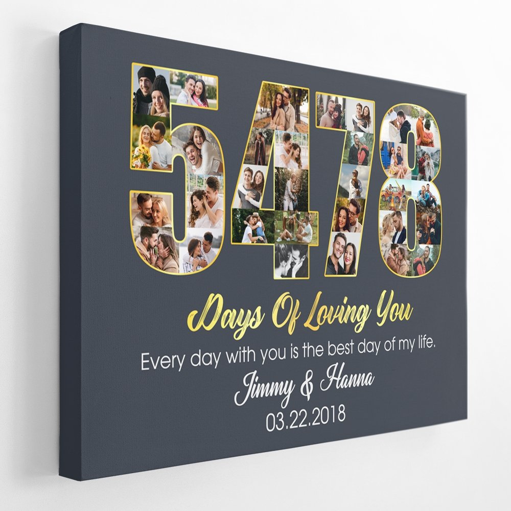 15th Wedding Anniversary 5478 Days Of Loving You Custom Photo Collage And Text Navy Background Canvas