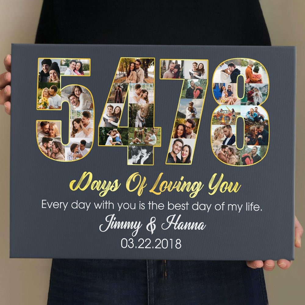 15th Wedding Anniversary 5478 Days Of Loving You Custom Photo Collage And Text Navy Background Canvas