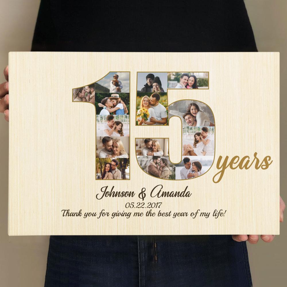 15th Wedding Anniversary Custom Photo Collage Light Wood Background Canvas