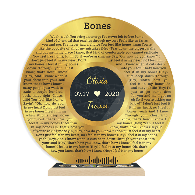 Custom Song Lyrics, 4 Photos Wood Stand, Gold Acrylic Record