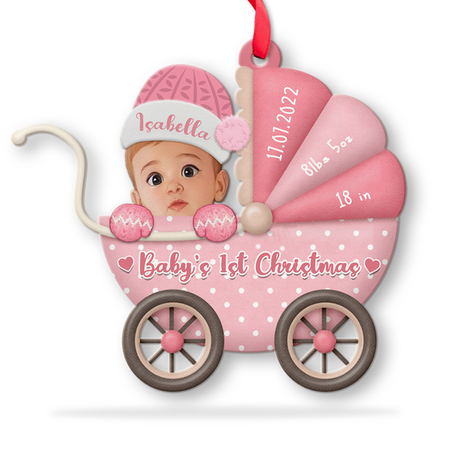 Custom Photo, Personalized Name And Text, Ornament For Baby, Baby's First Christmas, Baby Strollers, Christmas Shape Ornament 2 Sides