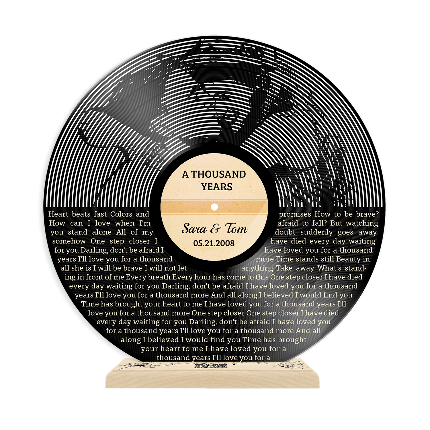 Custom Song Lyrics, B&W QR Wooden Stand, Acrylic Record