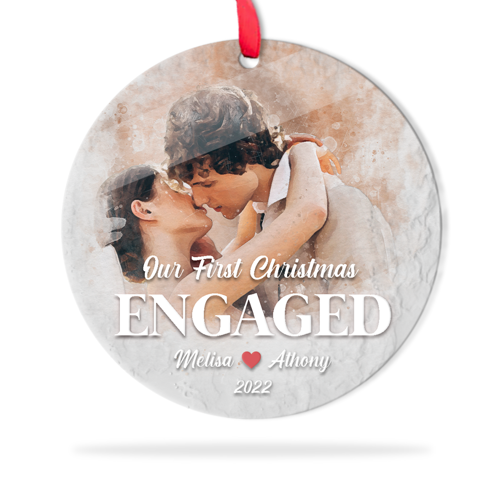 Personalized Name And Photo, Our First Christmas, Engaged, Christmas Circle Ornament 2 Sided