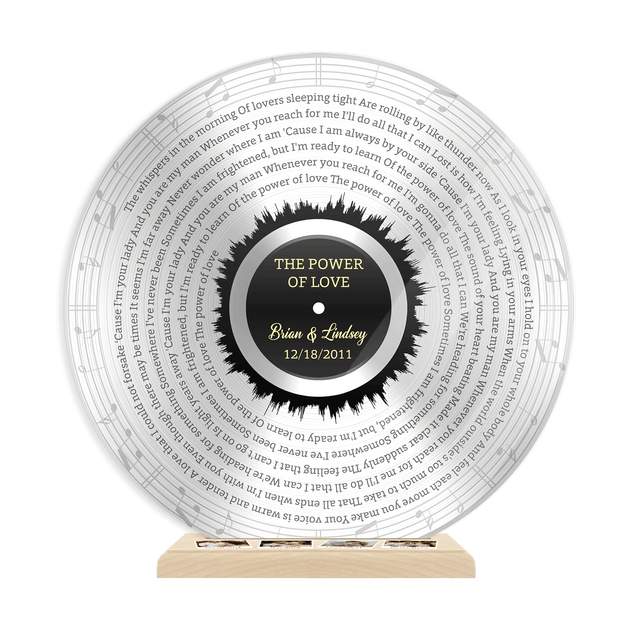 Custom Song Lyrics, 4 Photos Wooden Stand, Silver Acrylic Record