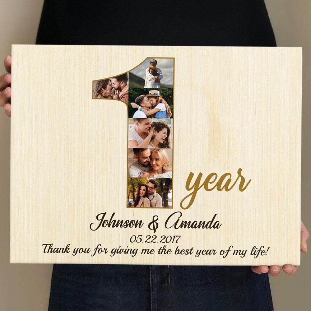 1st Wedding Anniversary Custom Photo Collage And Text Light Wood Background Canvas