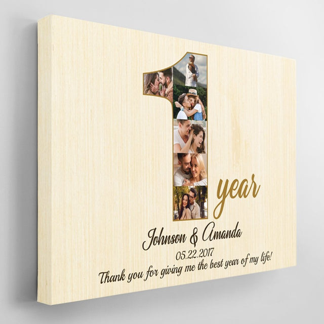1st Wedding Anniversary Custom Photo Collage And Text Light Wood Background Canvas