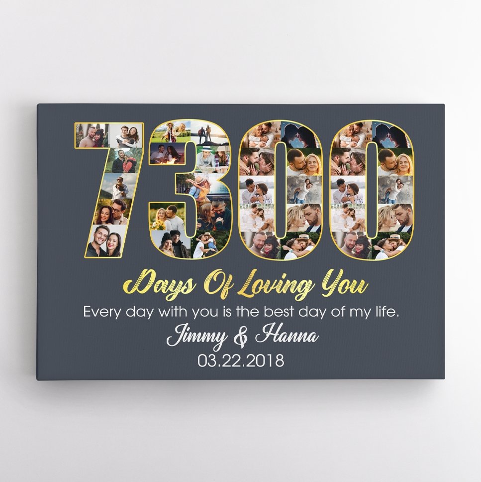 20th Wedding Anniversary 7300 Days Of Loving You Custom Photo Collage And Text Navy Background Canvas