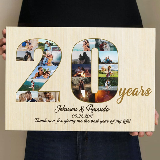 20th Wedding Anniversary Custom Photo Collage Light Wood Background Canvas