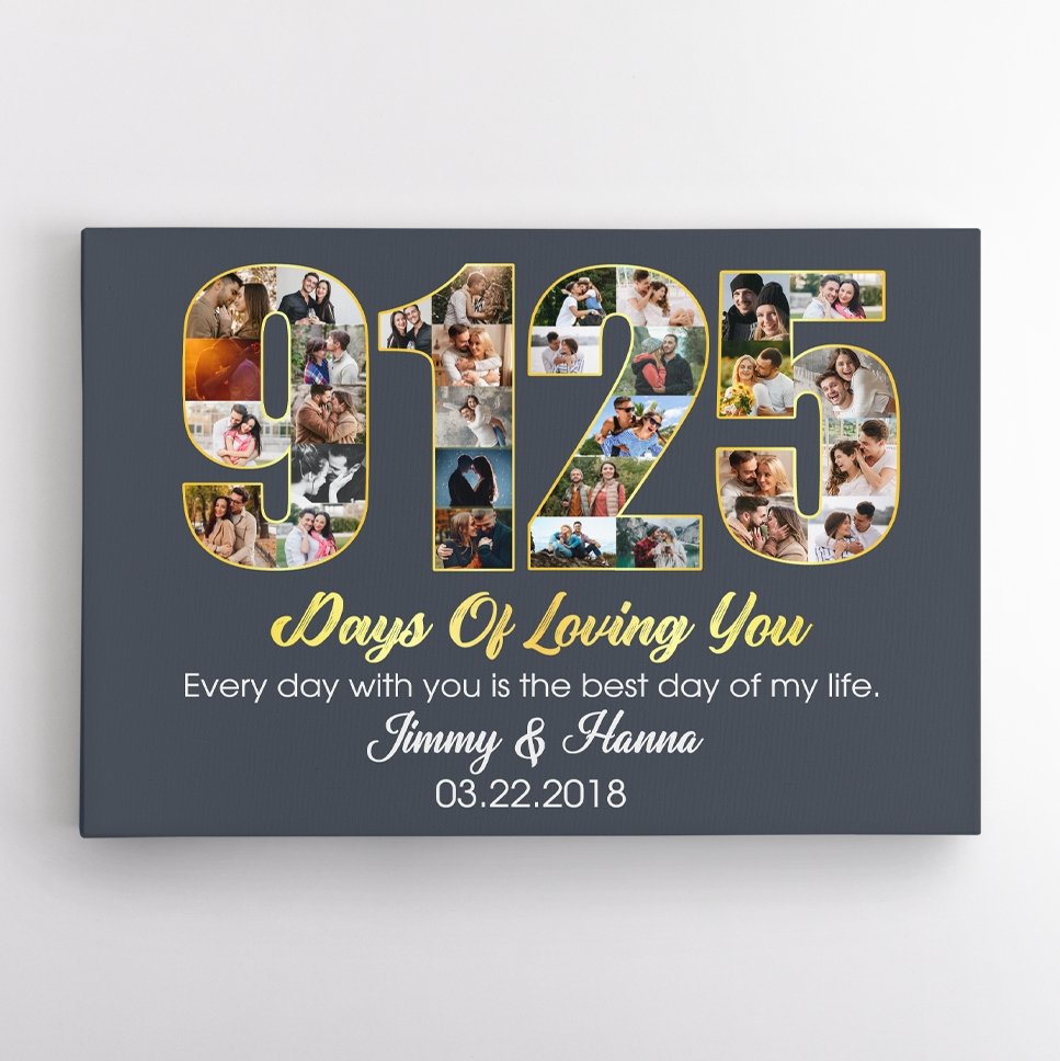 25th Wedding Anniversary 9125 Days Of Loving You Custom Photo Collage And Text Navy Background Canvas
