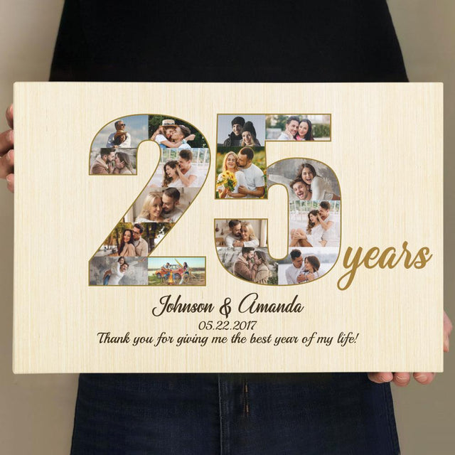 25th Wedding Anniversary Custom Photo Collage Light Wood Background Canvas
