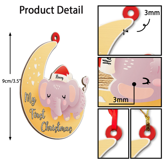 Personalized Name And Text, Ornament For Baby, Baby's First Christmas, Elephant Hug Moon, Christmas Shape Ornament 2 Sides