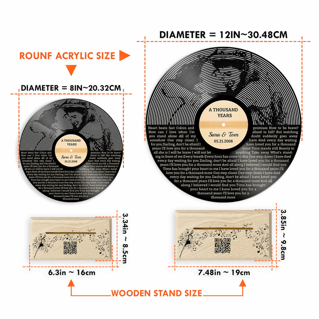 Custom Song Lyrics, B&W QR Wooden Stand, Acrylic Record