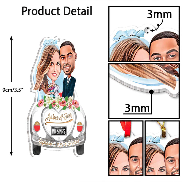 Custom Face From Photo, Married Couple in Car Christmas Shape Ornament 2 Sides