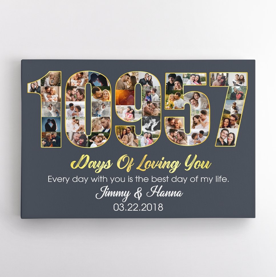 30th Wedding Anniversary 10957 Days Of Loving You Custom Photo Collage And Text Navy Background Canvas