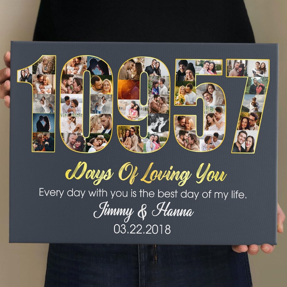 30th Wedding Anniversary 10957 Days Of Loving You Custom Photo Collage And Text Navy Background Canvas