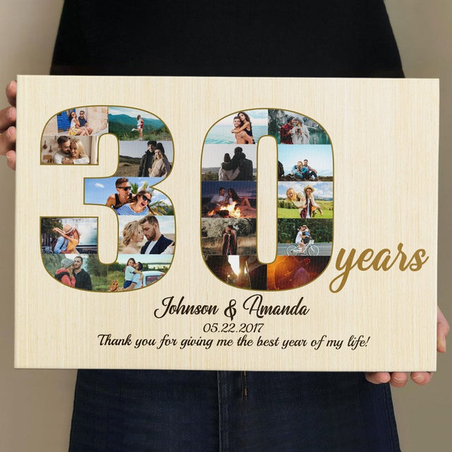 30th Wedding Anniversary Custom Photo Collage Light Wood Background Canvas