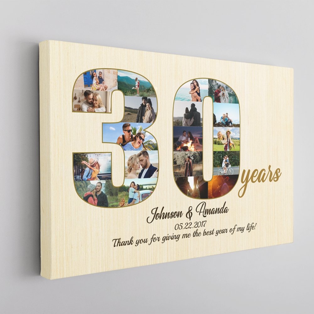 30th Wedding Anniversary Custom Photo Collage Light Wood Background Canvas