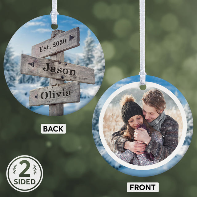Custom Street Sign Custom Photo, Date And Text Decorative Christmas Circle Ornament 2 Sided