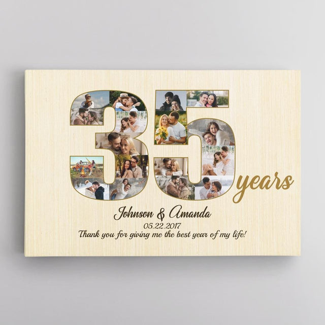 35th Wedding Anniversary Custom Photo Collage Light Wood Background Canvas