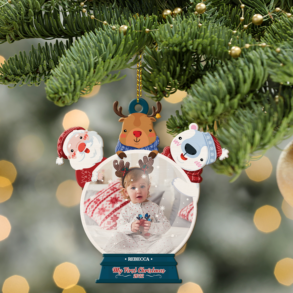 Custom Photo, Personalized Name And Text, Ornament For Baby, Baby's First Christmas, Bear & Santa Claus, Christmas Shape Ornament 2 Sides