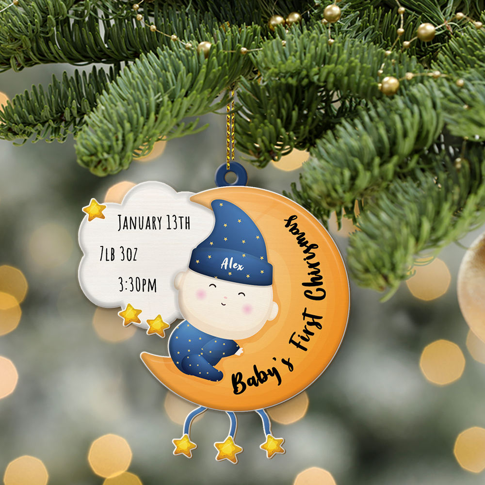 Personalized Name And Text, Ornament For Baby, Baby's First Christmas, Baby Hug Moon, Christmas Shape Ornament 2 Sides