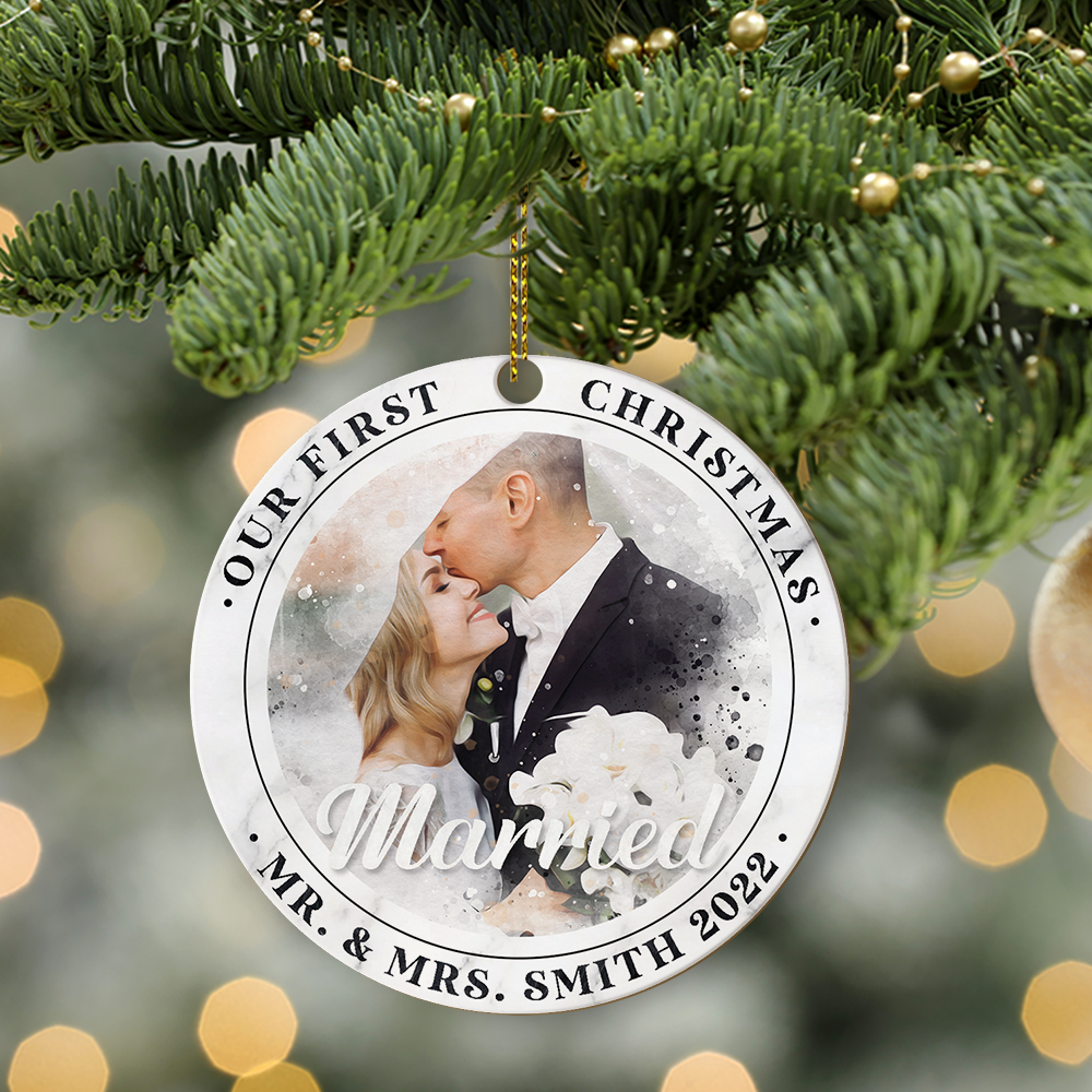 Personalized Name And Photo, Our First Christmas, Mr & Mrs Married, Christmas Circle Ornament 2 Sided