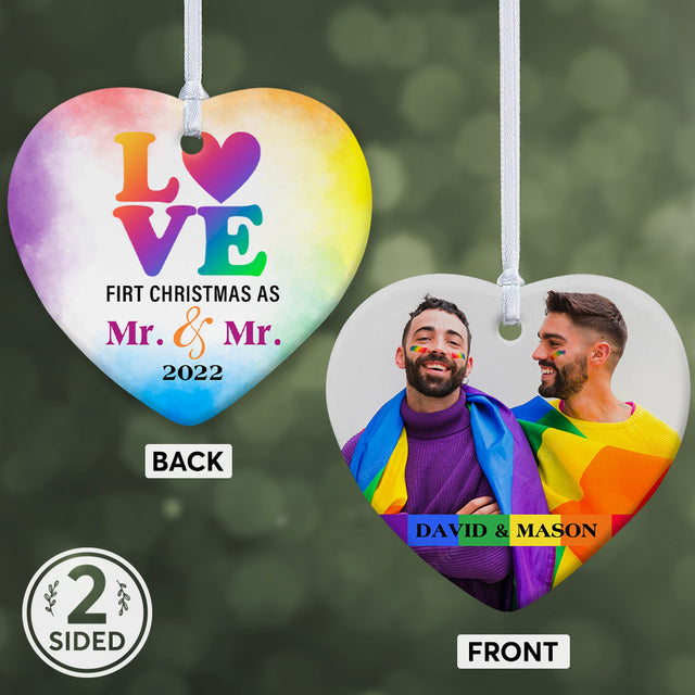 Gift For Couple, LGBT Christmas Ornament, Custom Photo And Text Decorative Christmas Heart Ornament 2 Sided