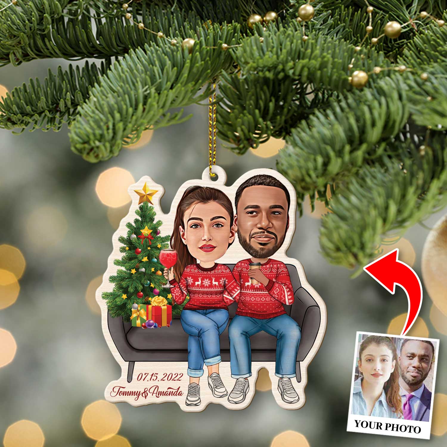 Face From Photo, Gift For Couple, Christmas Couch, Shape Ornament 2 Sides