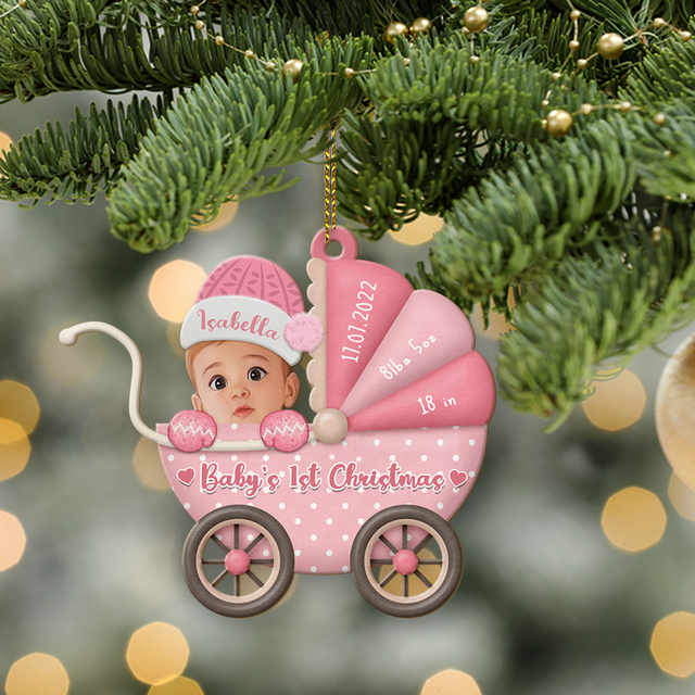 Custom Photo, Personalized Name And Text, Ornament For Baby, Baby's First Christmas, Baby Strollers, Christmas Shape Ornament 2 Sides