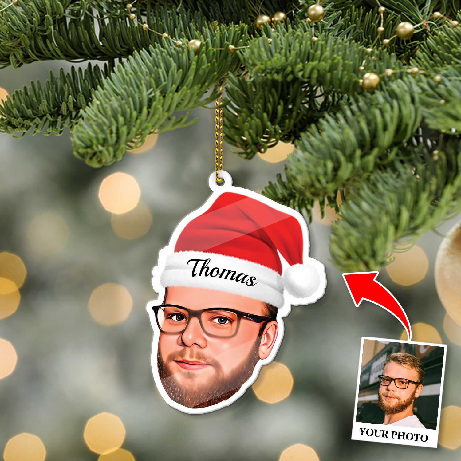 Custom Face From Photo With Christmas Hat, Shape Ornament 2 Sides