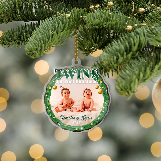 Personalized Name And Photo, Baby's First Christmas, Twins, Our First Christmas, Christmas Circle Ornament 2 Sided