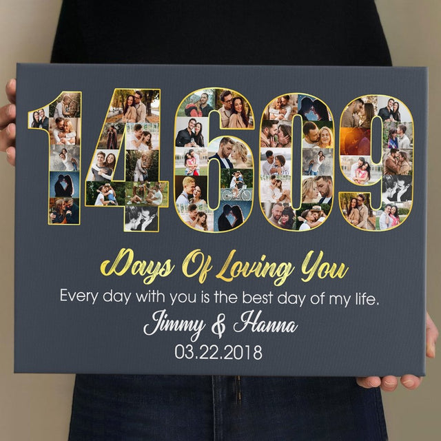 40th Wedding Anniversary 14609 Days Of Loving You Custom Photo Collage And Text Navy Background Canvas