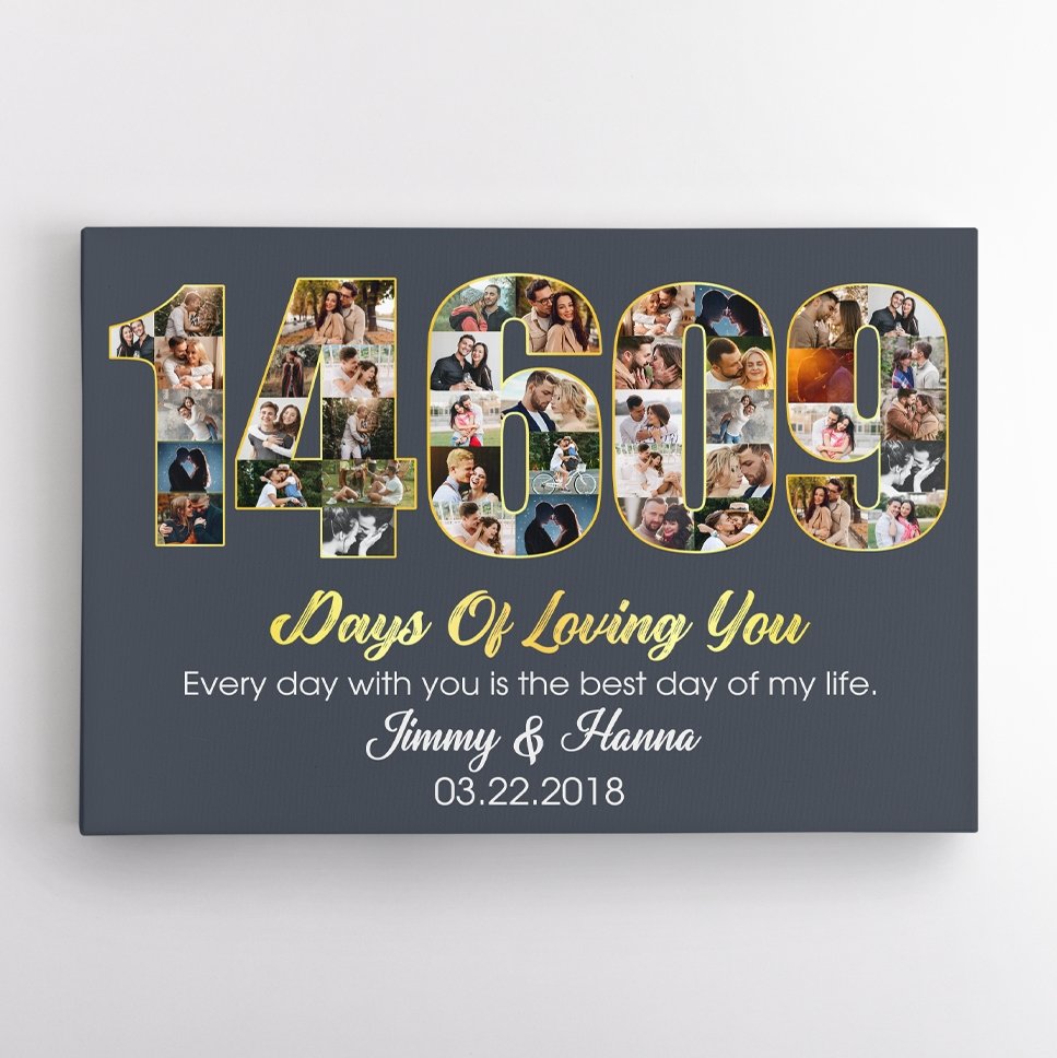 40th Wedding Anniversary 14609 Days Of Loving You Custom Photo Collage And Text Navy Background Canvas
