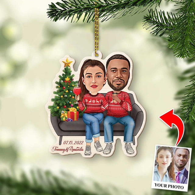 Face From Photo, Gift For Couple, Christmas Couch, Shape Ornament 2 Sides