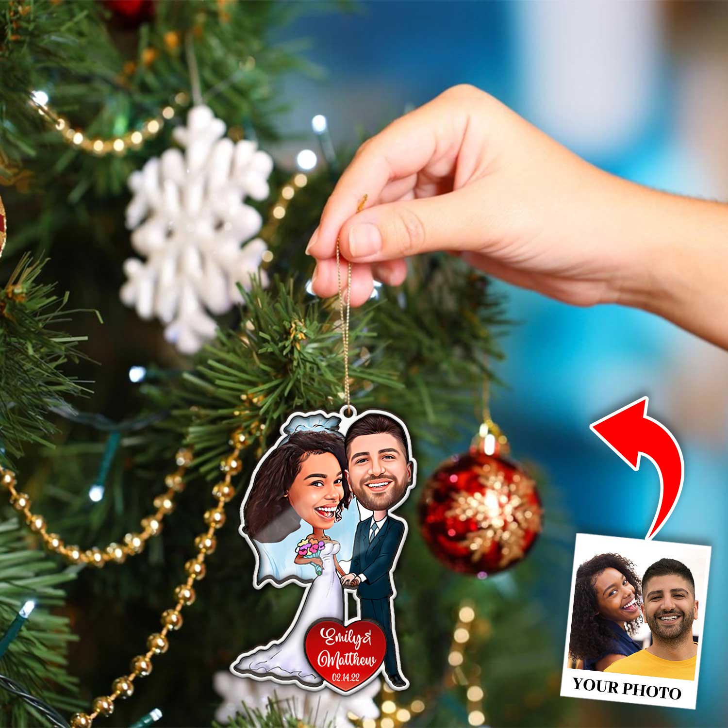 Custom Face From Photo, Bride and Groom, Christmas Shape Ornament 2 Layer