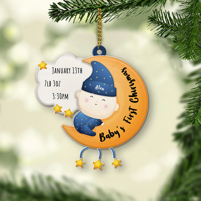 Personalized Name And Text, Ornament For Baby, Baby's First Christmas, Baby Hug Moon, Christmas Shape Ornament 2 Sides