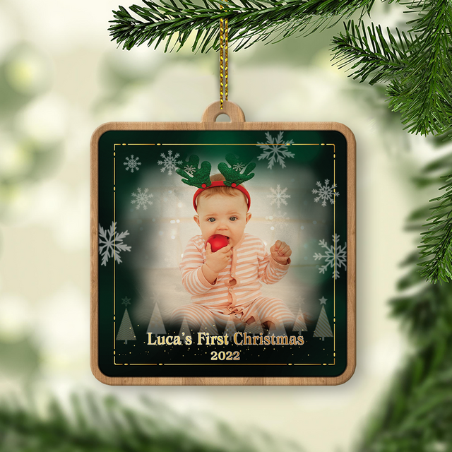 Custom Photo, Personalized Name And Text, Ornament For Baby, Baby's First Christmas, Square Shape, Christmas Shape Ornament 2 Sides