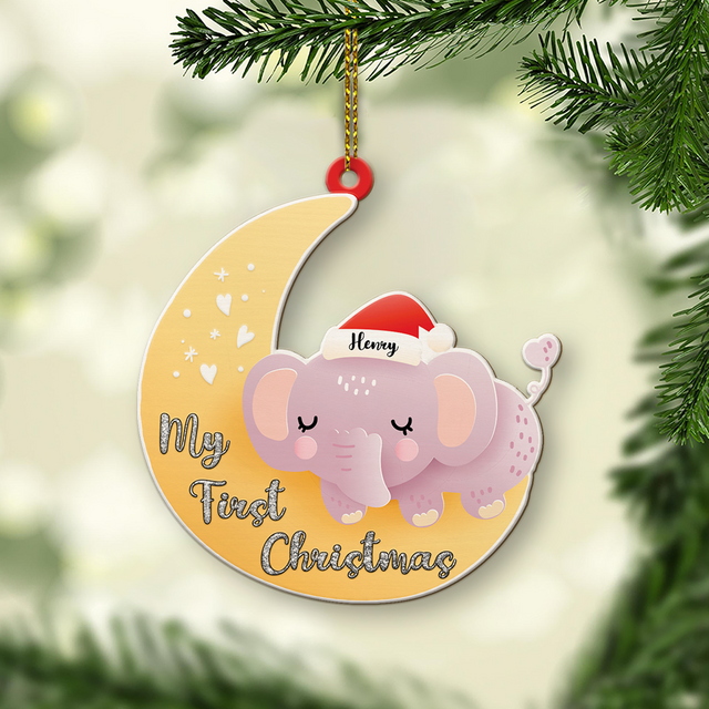 Personalized Name And Text, Ornament For Baby, Baby's First Christmas, Elephant Hug Moon, Christmas Shape Ornament 2 Sides