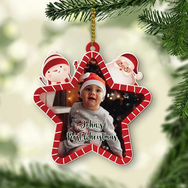 Custom Photo, Personalized Name And Text, Ornament For Baby, Baby's First Christmas, Star Shape, Christmas Shape Ornament 2 Sides