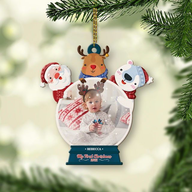 Custom Photo, Personalized Name And Text, Ornament For Baby, Baby's First Christmas, Bear & Santa Claus, Christmas Shape Ornament 2 Sides