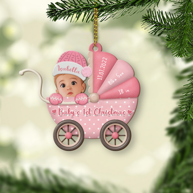 Custom Photo, Personalized Name And Text, Ornament For Baby, Baby's First Christmas, Baby Strollers, Christmas Shape Ornament 2 Sides