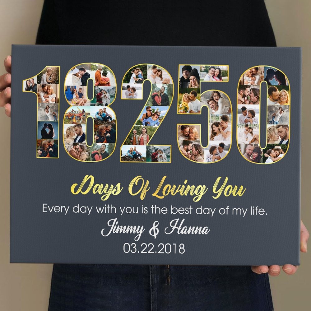 50th Wedding Anniversary 18250 Days Of Loving You Custom Photo Collage And Text Navy Background Canvas