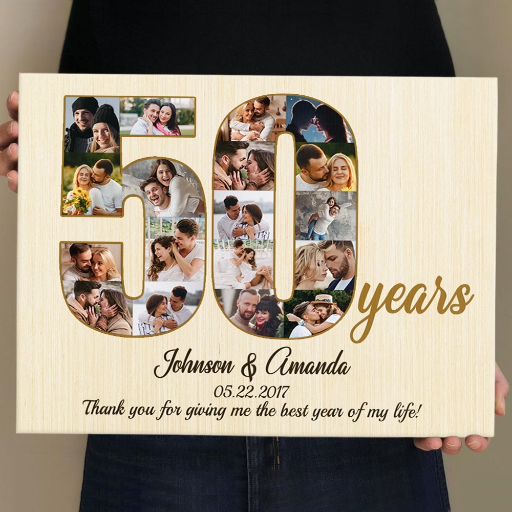 50th Wedding Anniversary Custom Photo Collage Light Wood Background Canvas