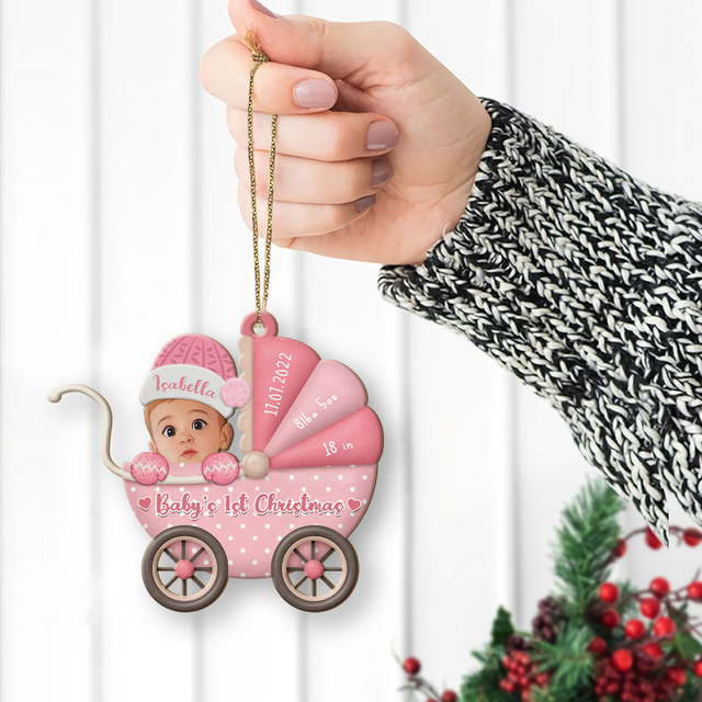 Custom Photo, Personalized Name And Text, Ornament For Baby, Baby's First Christmas, Baby Strollers, Christmas Shape Ornament 2 Sides