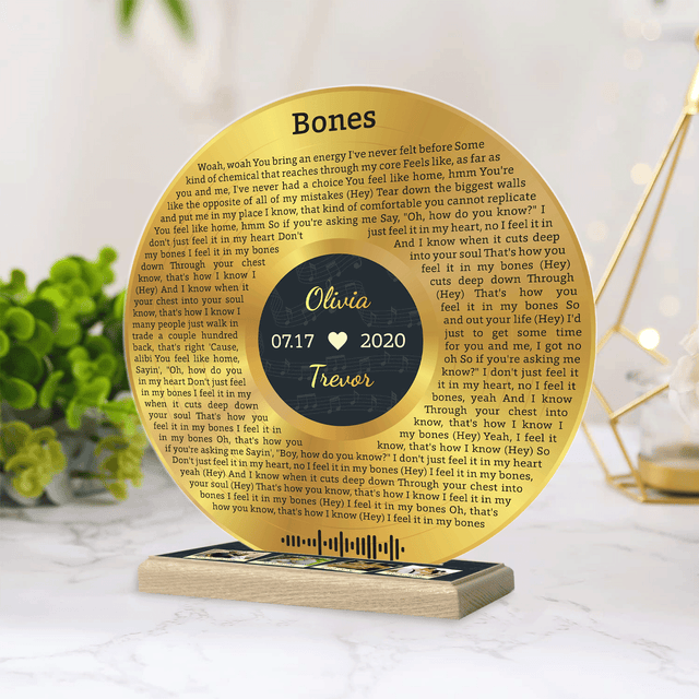 Custom Song Lyrics, 4 Photos Wood Stand, Gold Acrylic Record