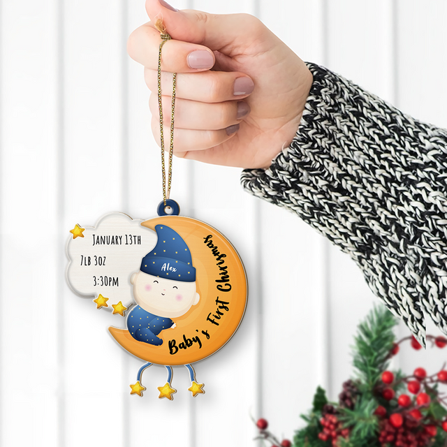 Personalized Name And Text, Ornament For Baby, Baby's First Christmas, Baby Hug Moon, Christmas Shape Ornament 2 Sides