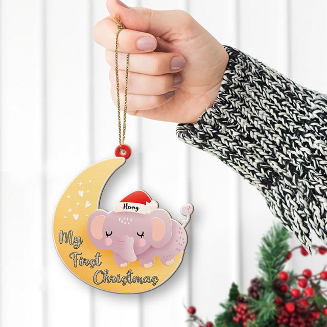 Personalized Name And Text, Ornament For Baby, Baby's First Christmas, Elephant Hug Moon, Christmas Shape Ornament 2 Sides